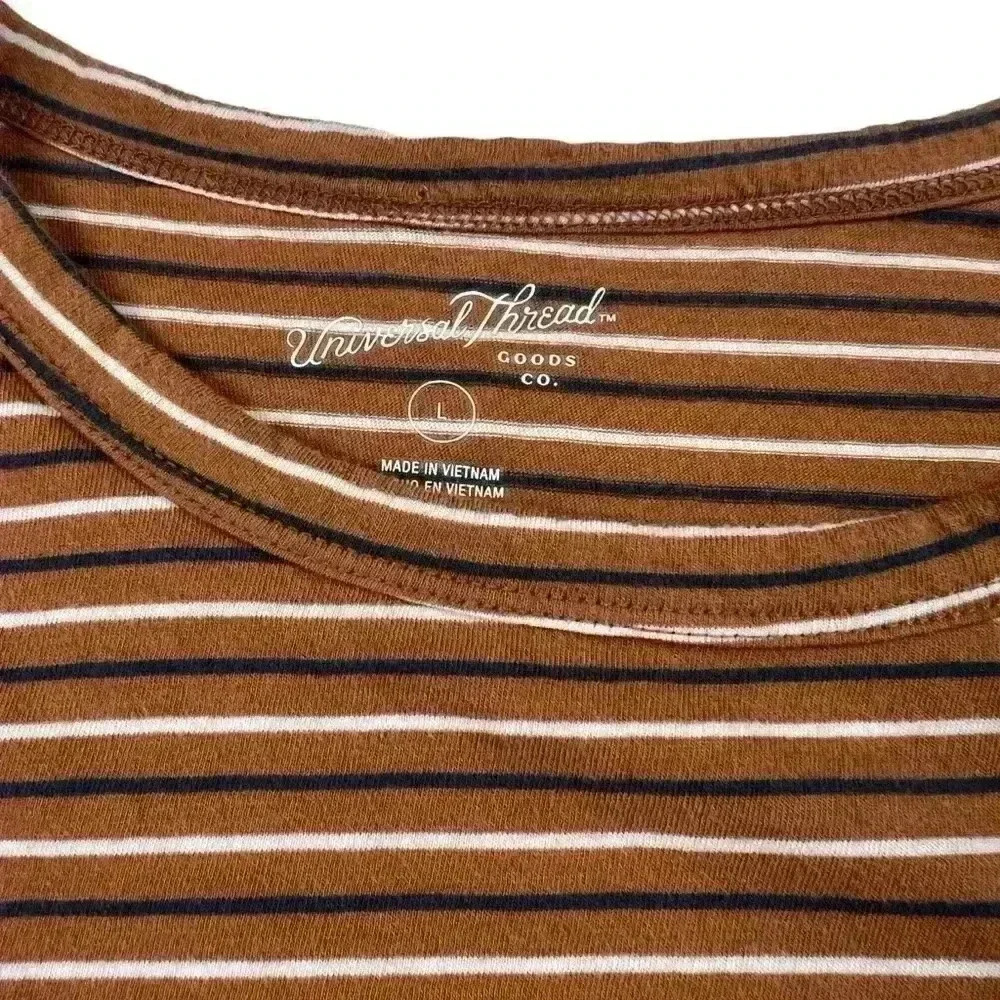 Universal Thread Orange Crewneck Navy/White Striped Short Sleeve | Size Large - Picture 2 of 4